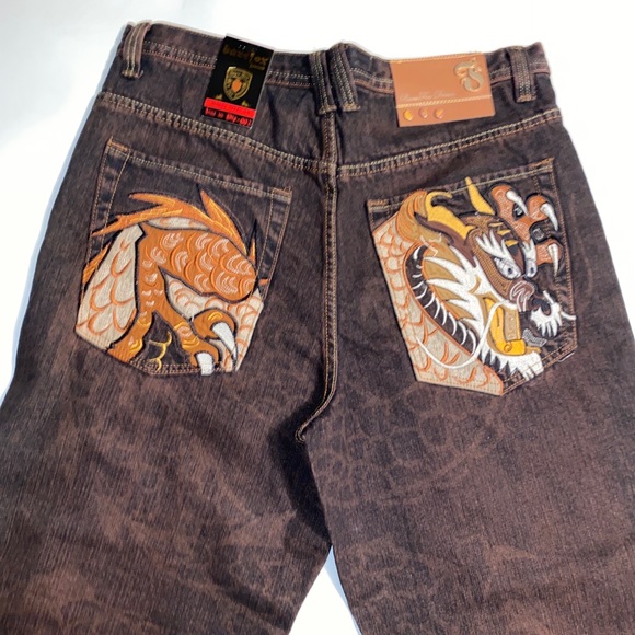 Bare Fox Denim Jeans Dragon Embroidered 